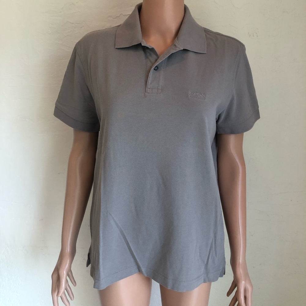 BOSS Hugo Boss Gray Polo Shirt Women’s Size M Modern-Fit Short Sleeves Logo Top